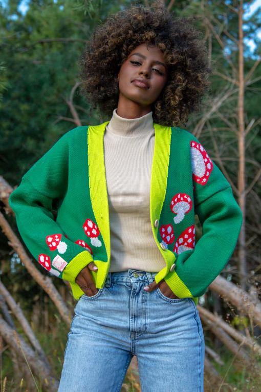 Short mushroom-themed cardigan, buttoned, colorful F1505