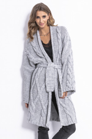 Aran pattern cardigan coat with a belt F825 grey