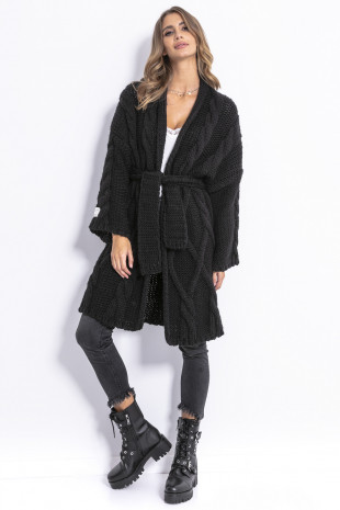 Aran pattern cardigan coat with a belt F825 black