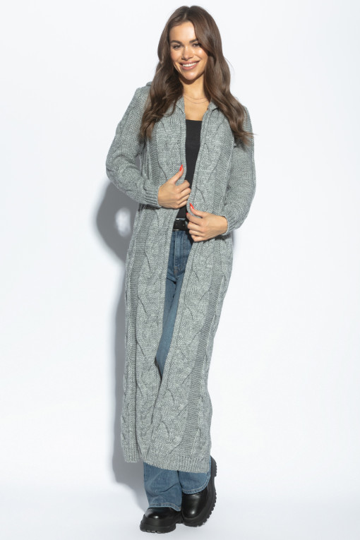 Long braided knit cardigan with hood, F1080 grey