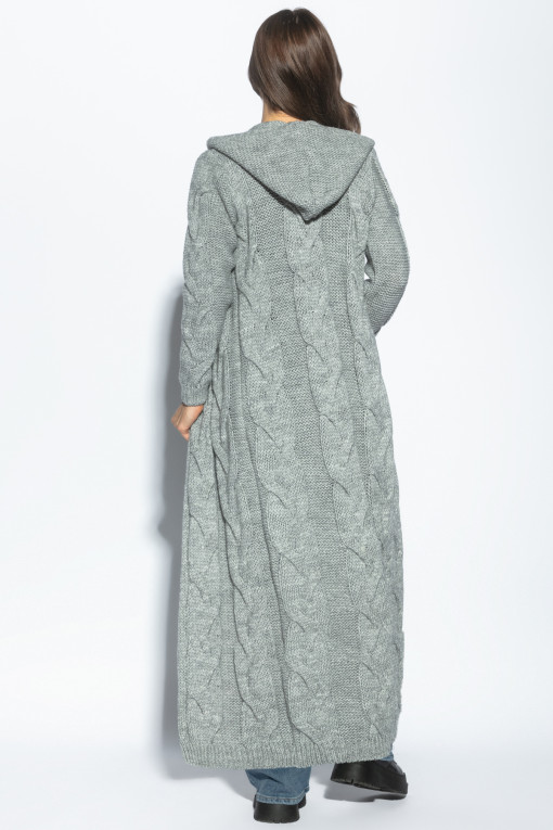 Long braided knit cardigan with hood, F1080 grey