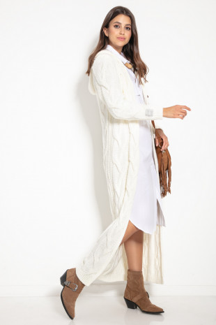 Long braided knit cardigan with hood, F1080 ecru