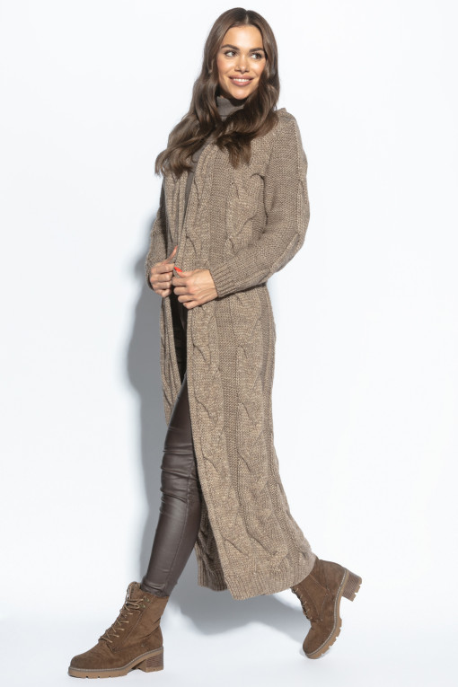 Long braided knit cardigan with hood, F1080 mocca