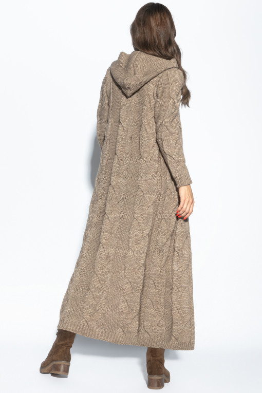 Long braided knit cardigan with hood, F1080 mocca