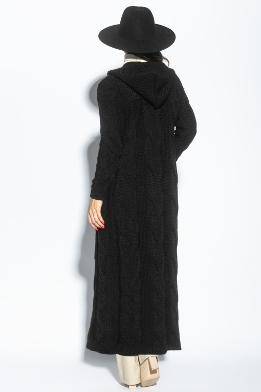 Long braided knit cardigan with hood, F1080 black