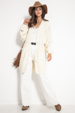 Woolen buttoned cardigan with pockets, F1085 ecru