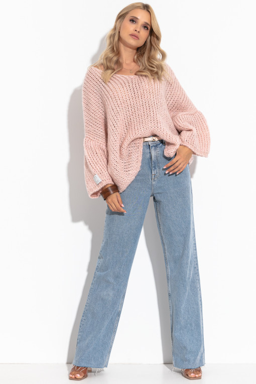 Loose sweater with a neckline F1256 pinkpowder