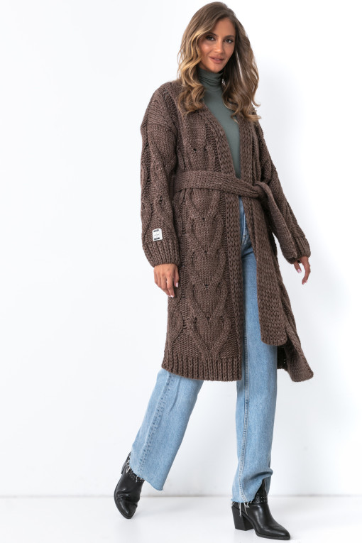 Long woolen cardigan with decorative chunky knit F1261 espresso