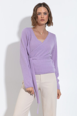 KASZMIROWY WIĄZANY SWETER F1520 mistyviolet