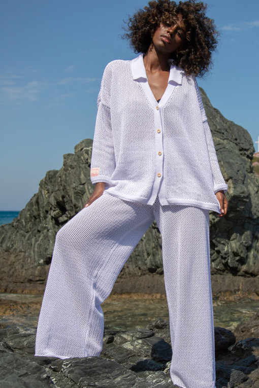 Cotton openwork set with buttoned shirt and long pants F1682 white