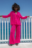 Cotton openwork set with buttoned shirt and long pants F1682 hotpink