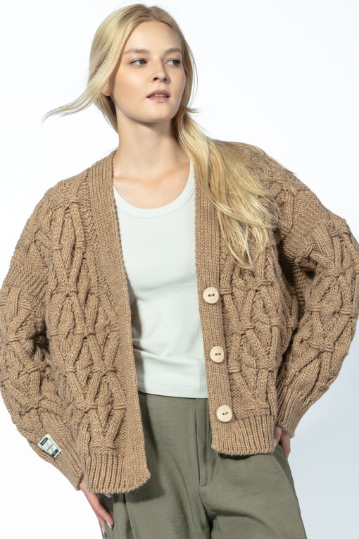 Classic Buttoned Cardigan with Cable Knit Pattern F1726 carmel