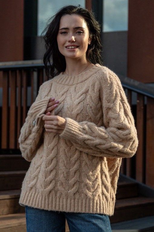 Warm sweater with a cable knit neckline F1747 carmel