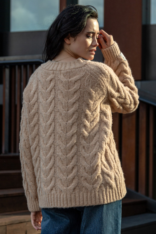 Warm sweater with a cable knit neckline F1747 carmel